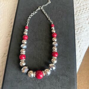 Red Beaded Statement Necklace - Elegant Silver-Tone Accents